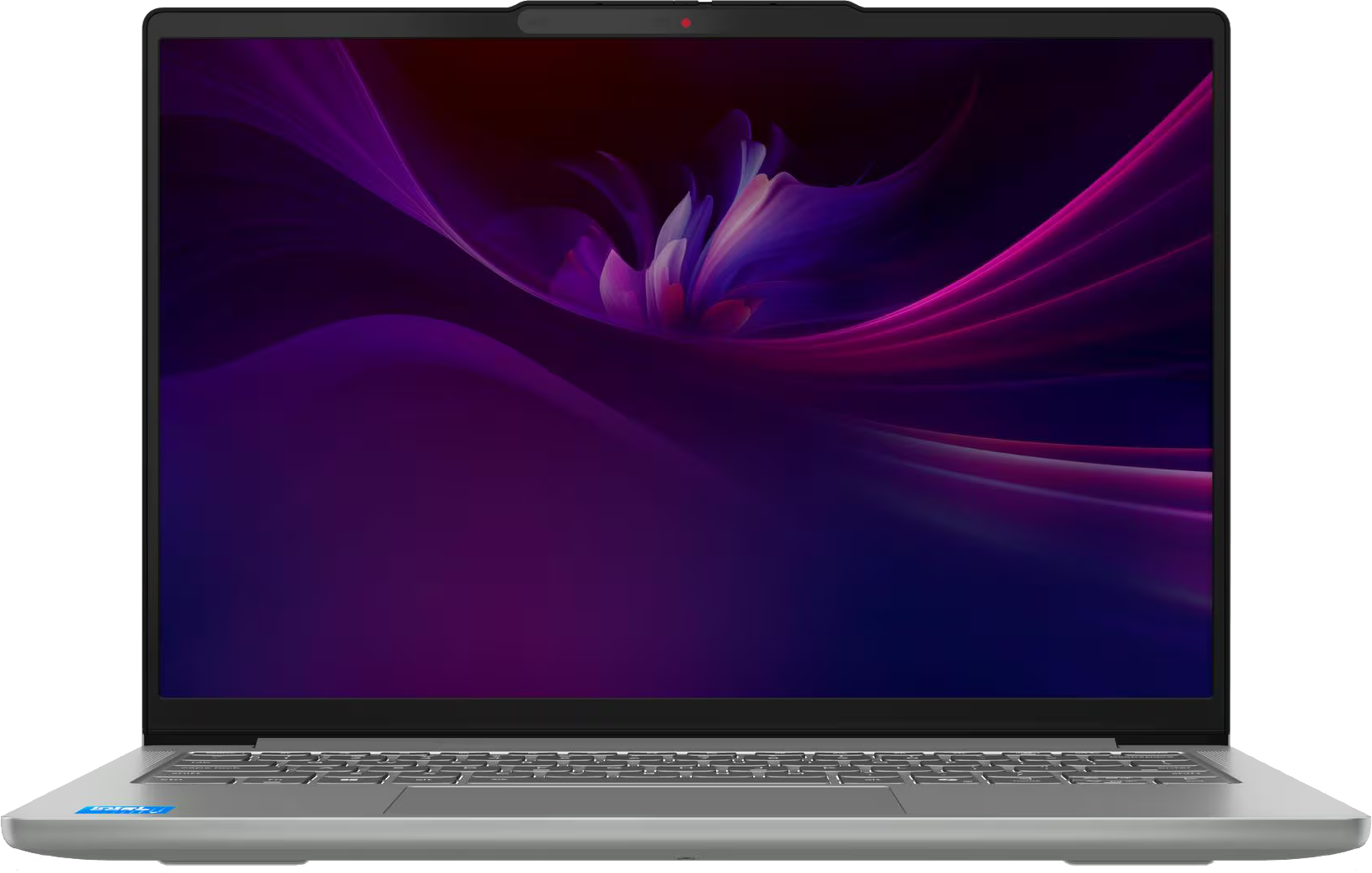 Egy ezüst laptop nyitva van, lila és rózsaszín absztrakt dizájnt mutat. A billentyűzet látható, a képernyőn webkamera van.