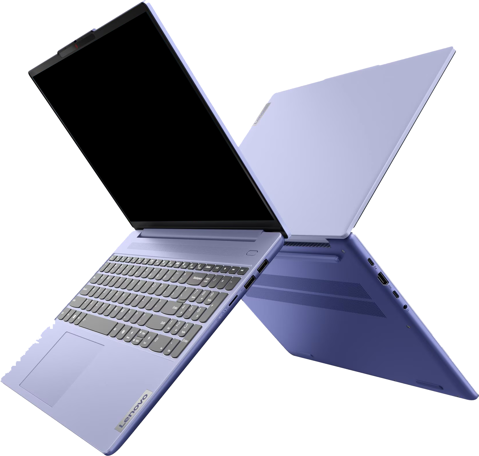 Két világos lila Lenovo laptop látható nyitva. Az egyiknek nyitva a képernyője, a másiknak zárva. Mindkettő fehér háttéren van.