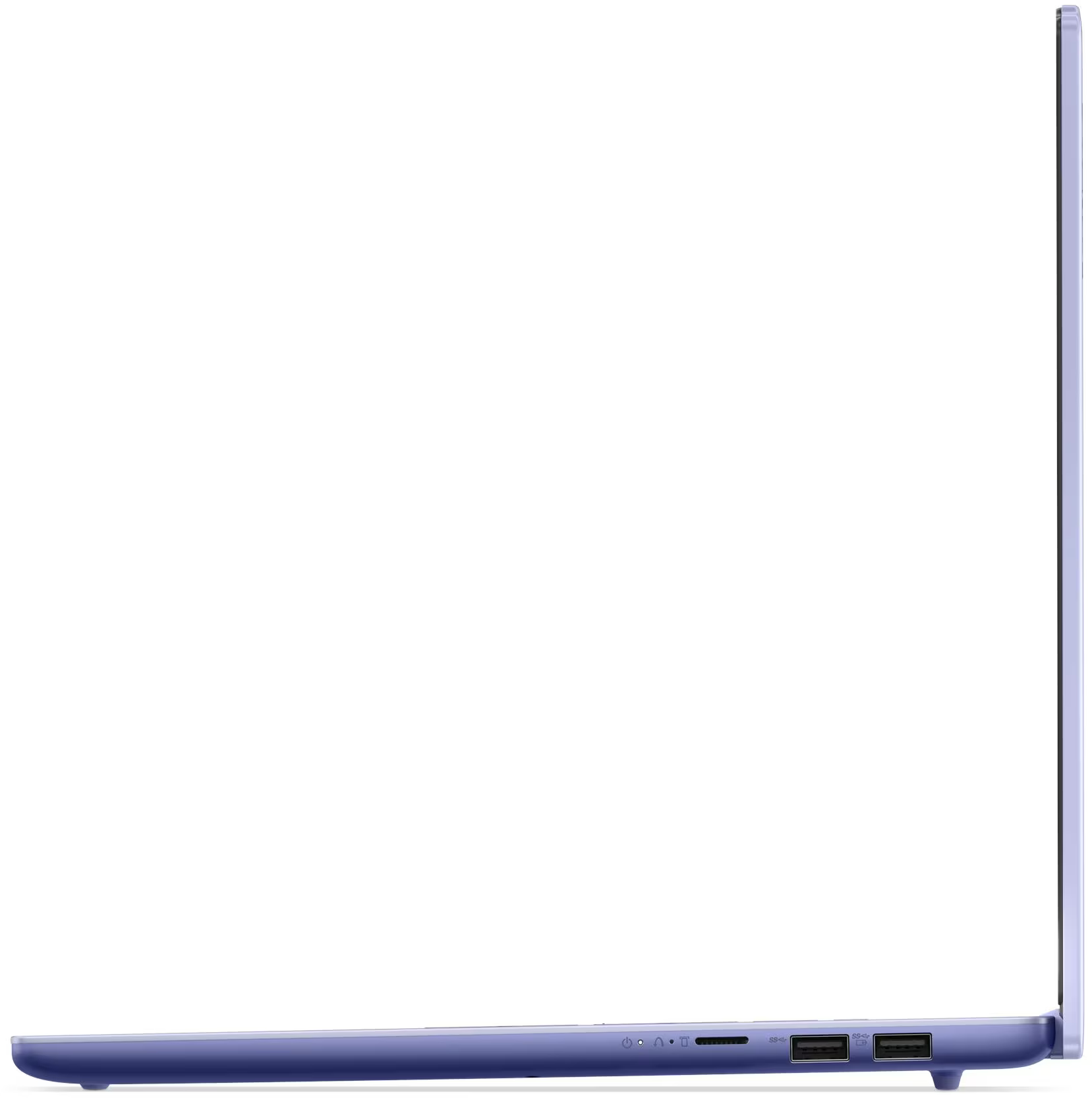 Egy lila laptop oldalsó nézete. A képernyő zárva van, a portokkal ellátott oldal látható: USB, SD kártya nyílás, bekapcsolásjelző.