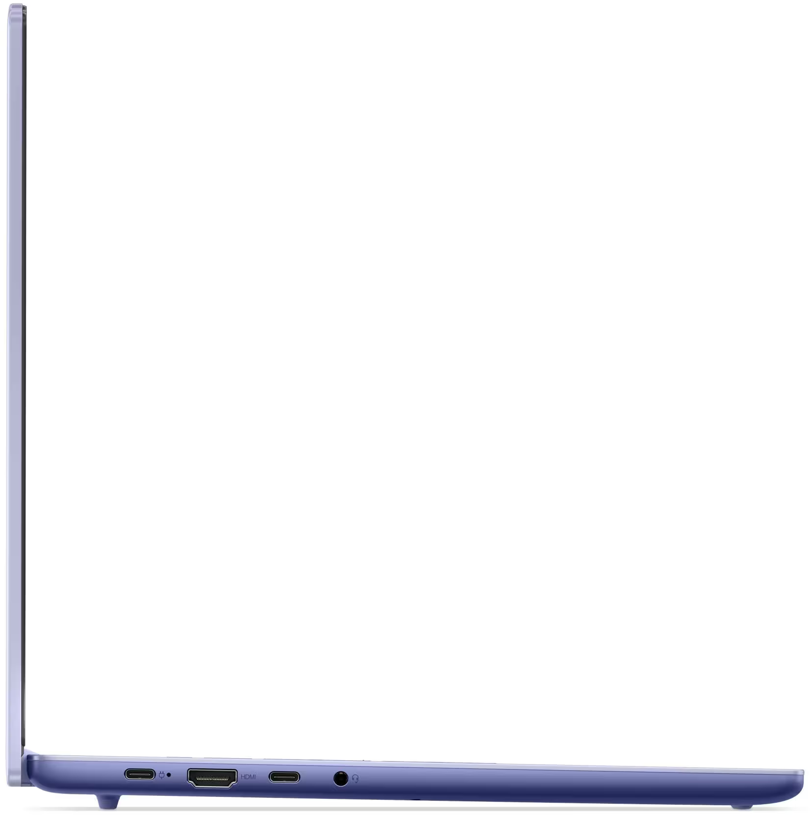 Egy lila laptop oldalsó nézete. A képernyő zárva van, látszik az oldalsó profil. Portok láthatók az alján.