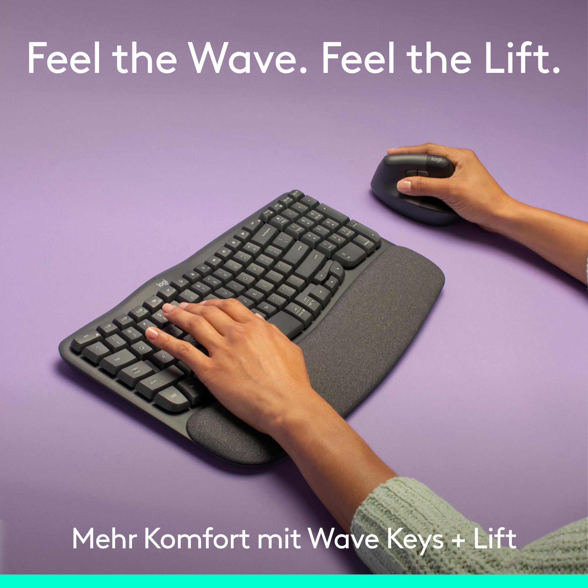 Hände auf einer geschwungenen Tastatur und Maus, auf lila Hintergrund. Text: 'Feel the Wave. Feel the Lift.'