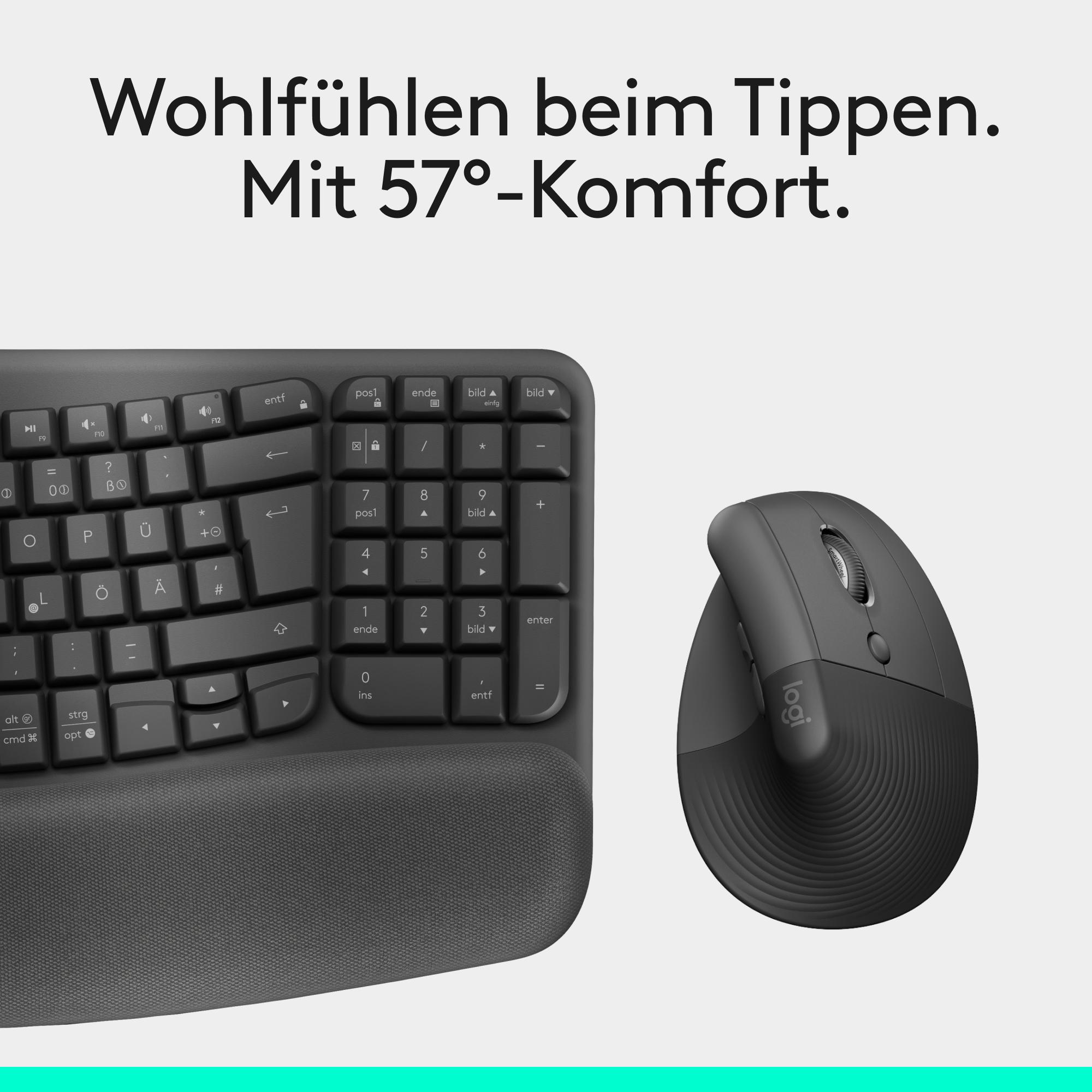 Ergonomische Tastatur und Maus. Die Tastatur ist gebogen. Die Maus ist vertikal. Weißer Hintergrund mit deutschem Text.