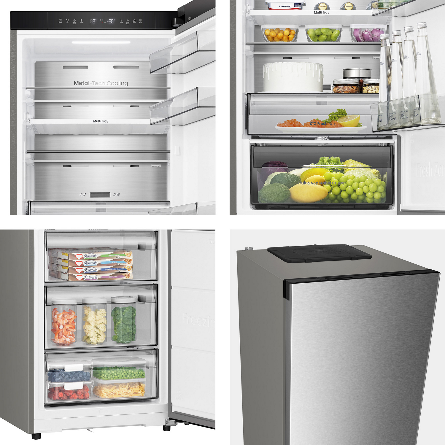 Un refrigerador con las puertas abiertas, mostrando estantes con alimentos y bebidas dentro. Las etiquetas dicen 'Metal-Tech Cooling' y 'Multi Tray'.