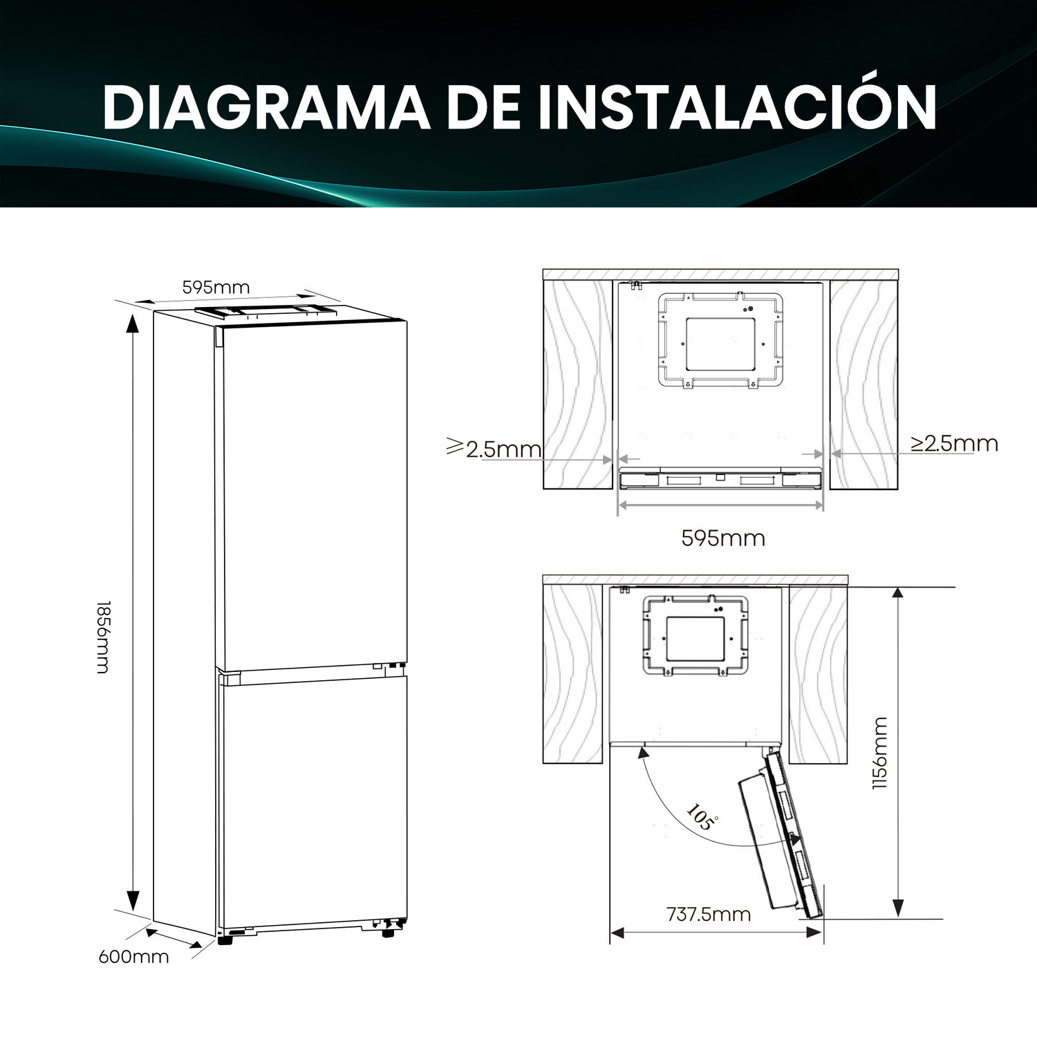 Diagrama de instalación. Muestra un refrigerador con dimensiones e instrucciones de instalación, incluidas medidas en milímetros y ángulos.
