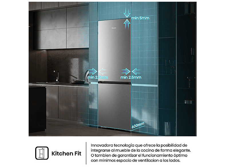 Frigorífico combi - Hisense RB3K330SAIC, No Frost, 185.6 cm, 330 l, Kitchen Fit, WiFi, Acero inoxidable
