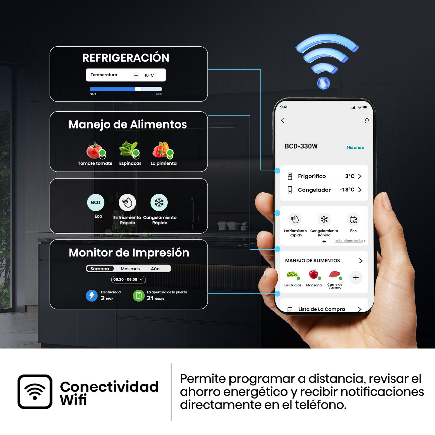 Permite programar a distancia, revisar el ahorre energético y recibir notificaciones directamente el telefono. 