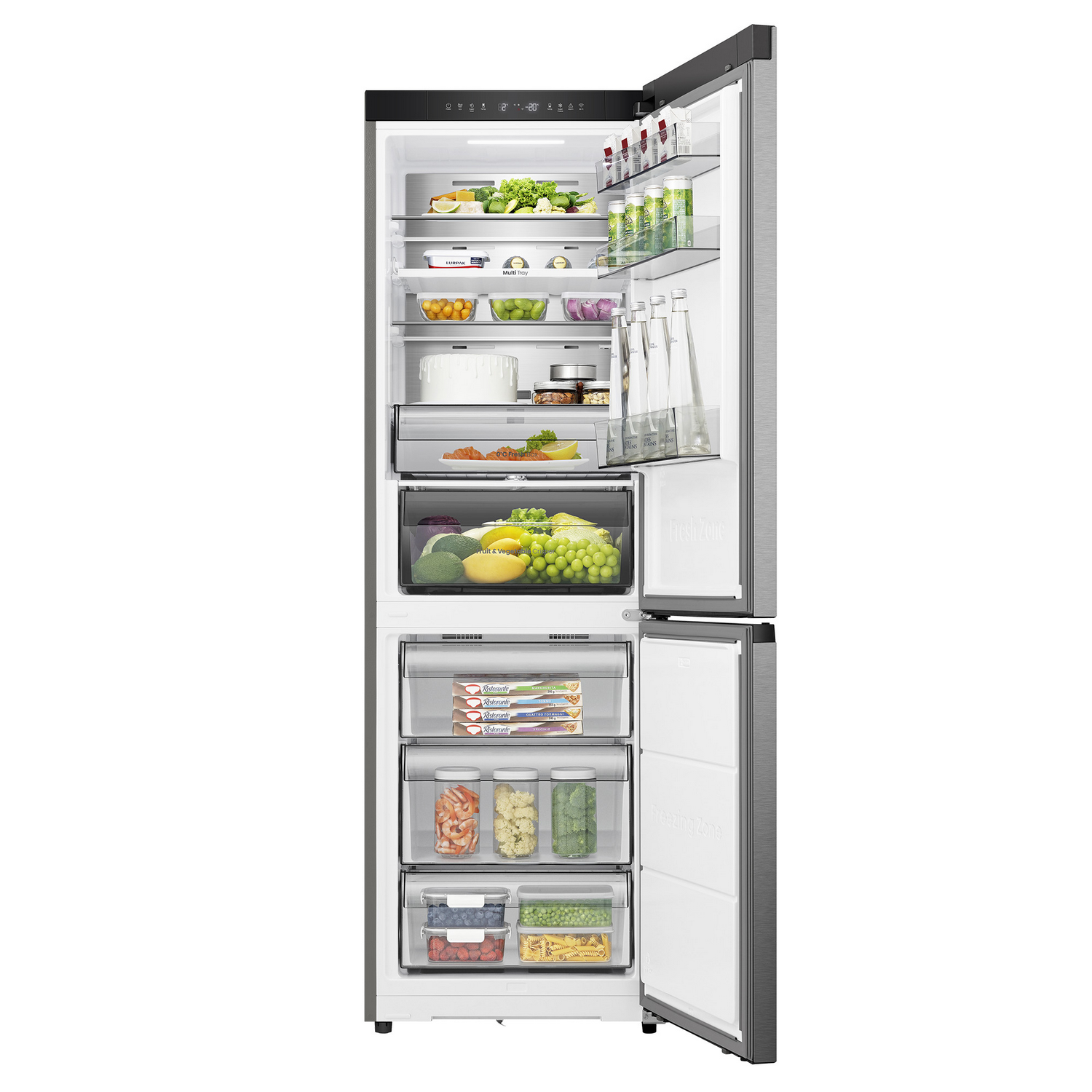 Un refrigerador abierto lleno de comida. Incluye frutas, verduras, comidas congeladas y bebidas, con varios compartimentos y estantes.