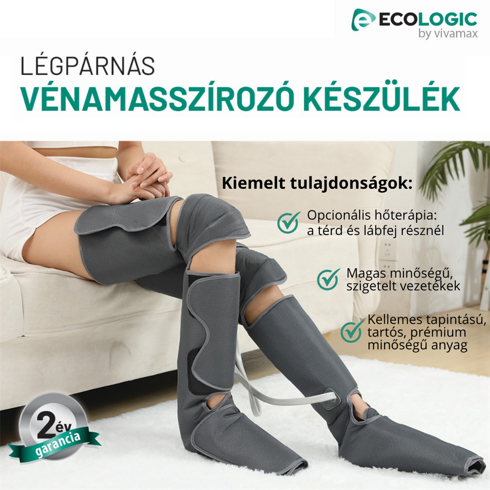 Egy személy szürke lábmasszírozót visel. A szöveg a 'vénamasszírozó készülék'. Jellemzők: hőterápia, kiváló minőségű vezetékek és prémium anyag.