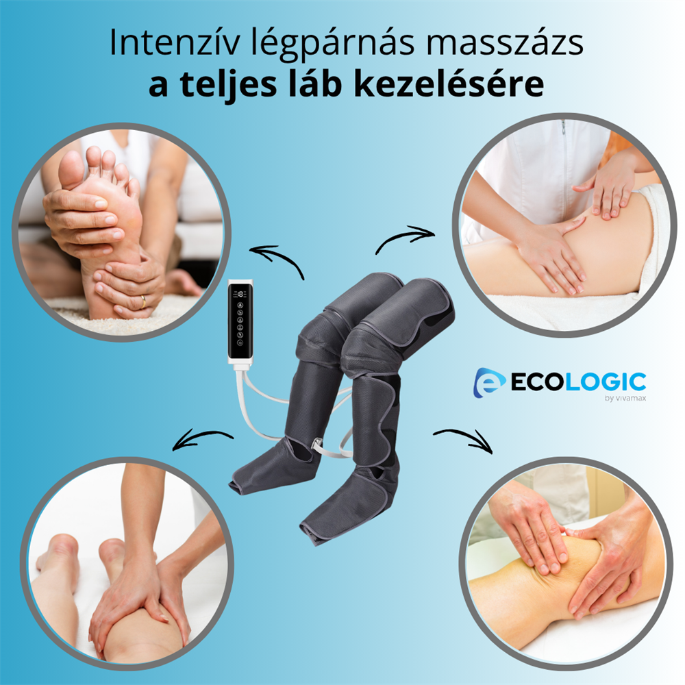 A kép egy lábmasszázs készüléket mutat, négy kör alakú képpel a lábak/lábfejek masszírozásáról. A fenti szöveg ezt mondja...