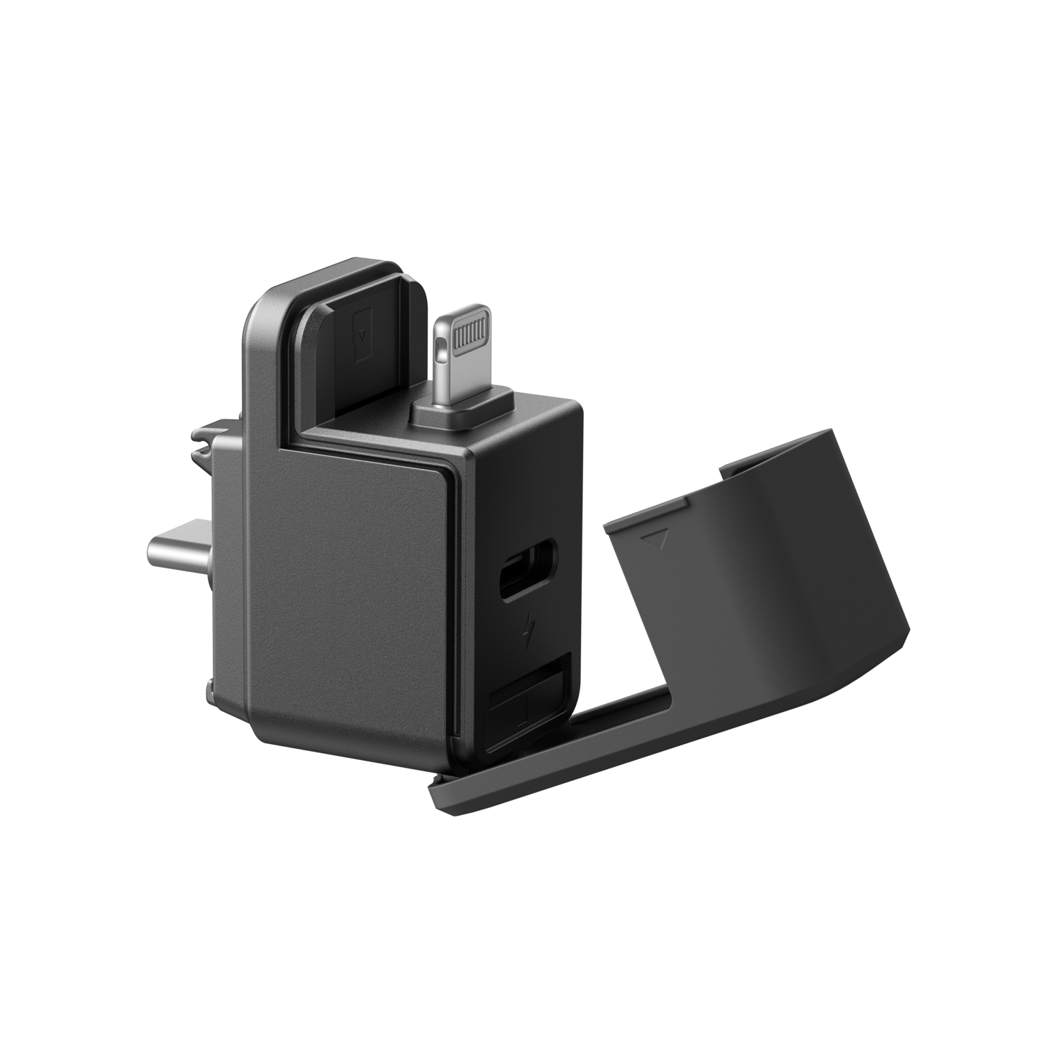 Een zwarte oplaadadapter met Lightning-connector, USB-C-poort en beschermkap tegen een zwarte achtergrond.