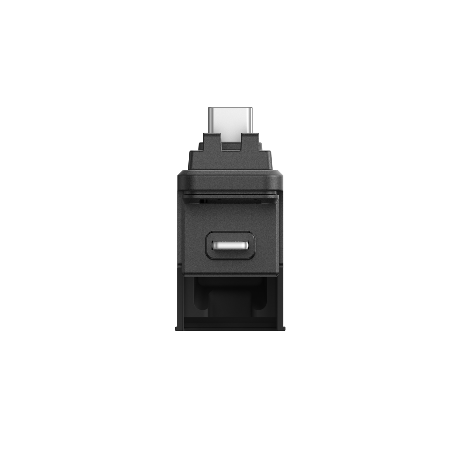 Een zwarte USB-adapter op een zwarte achtergrond. Het heeft een USB-C-connector bovenop en een USB-poort aan de voorkant.