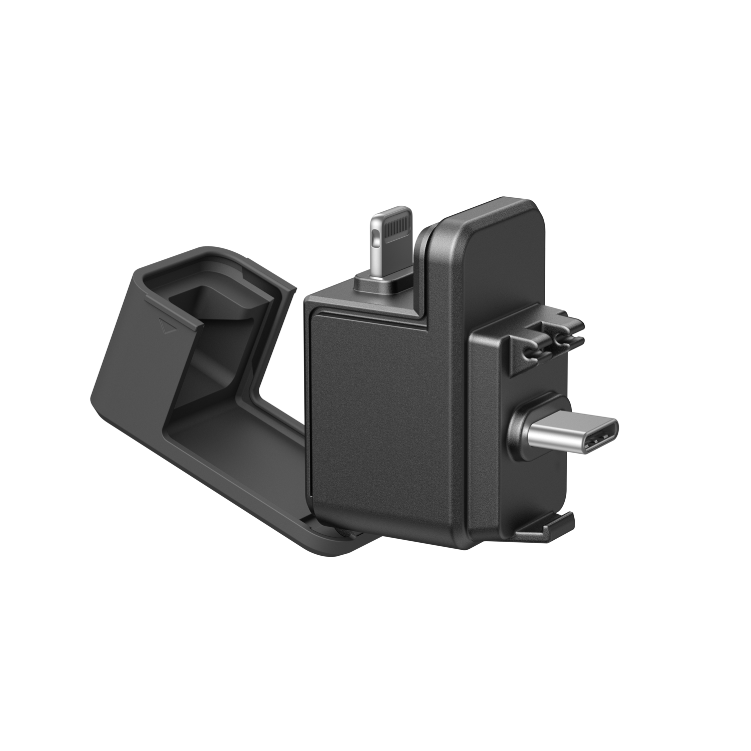 Zwarte multi-poort adapter met Lightning-, USB-C-poorten en een houder. Geïsoleerd op zwarte achtergrond.