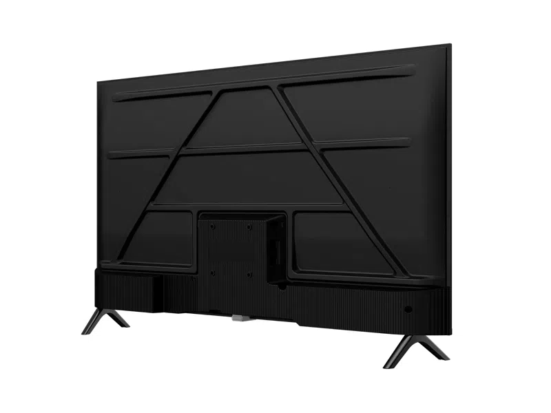 Egy fekete, lapos képernyős TV hátulnézete. Geometrikus dizájn van a hátulján, és két fekete V-alakú lába van.