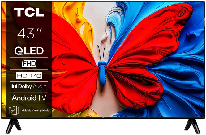 TCL 43" QLED TV. Pillangókép a képernyőn. Piros, sárga és kék színek. Fekete állvány. Jellemzők: FHD, HDR 10, Dolby Audio, Android TV.