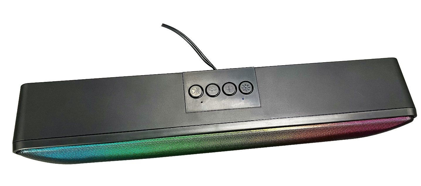 Czarny soundbar z wielokolorowymi światłami. Ma przyciski sterowania na górze i kabel. Światła są z przodu.