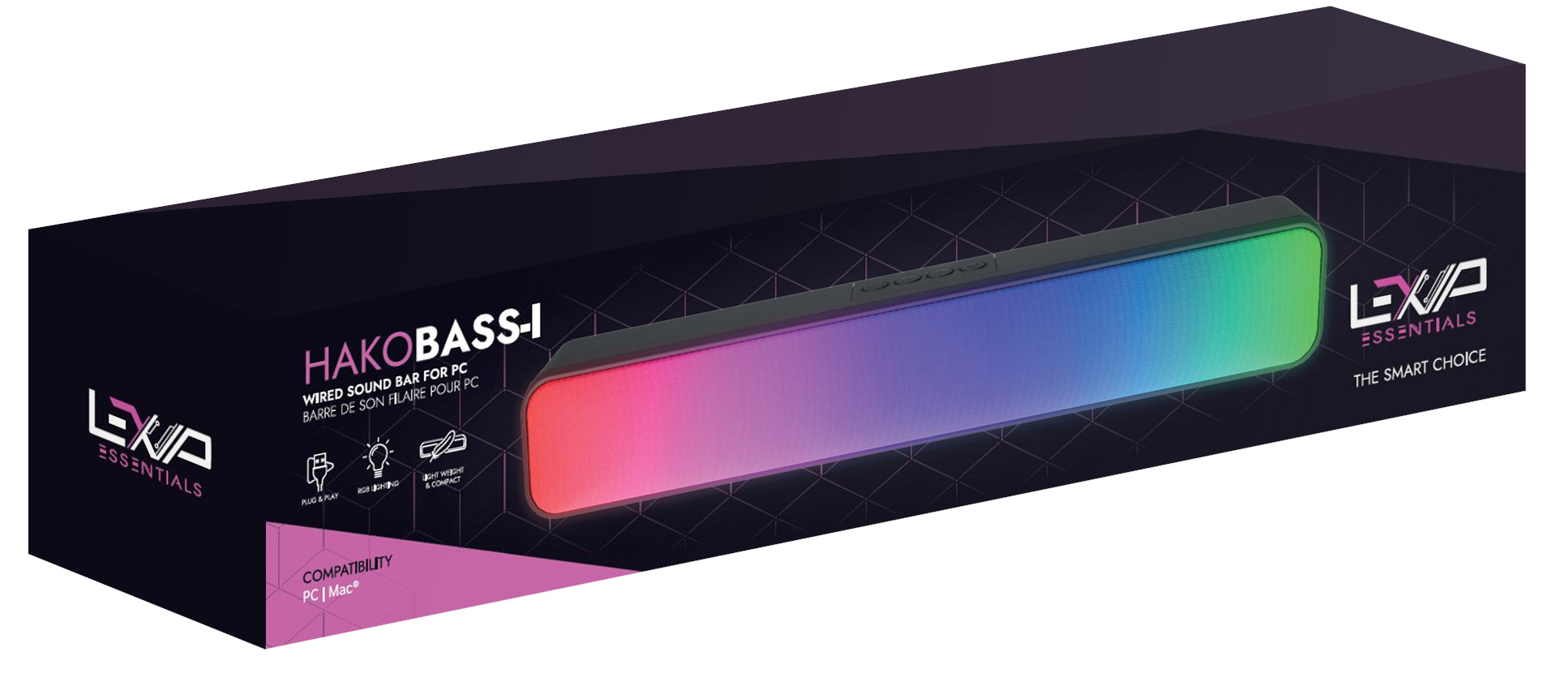Pudełko pokazuje soundbar z gradientem kolorów. Tekst brzmi 'HAKOBASS-I', 'WIRED SOUND BAR FOR PC'. Marka to LXP Essentials.