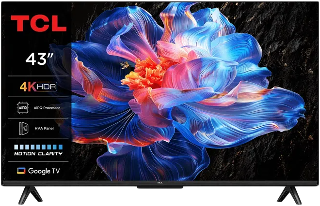 A TCL 43" TV élénk virágmintát jelenít meg. Jellemzői a 4K HDR, az AiPQ processzor, a HVA panel, a Motion Clarity és a Google TV.
