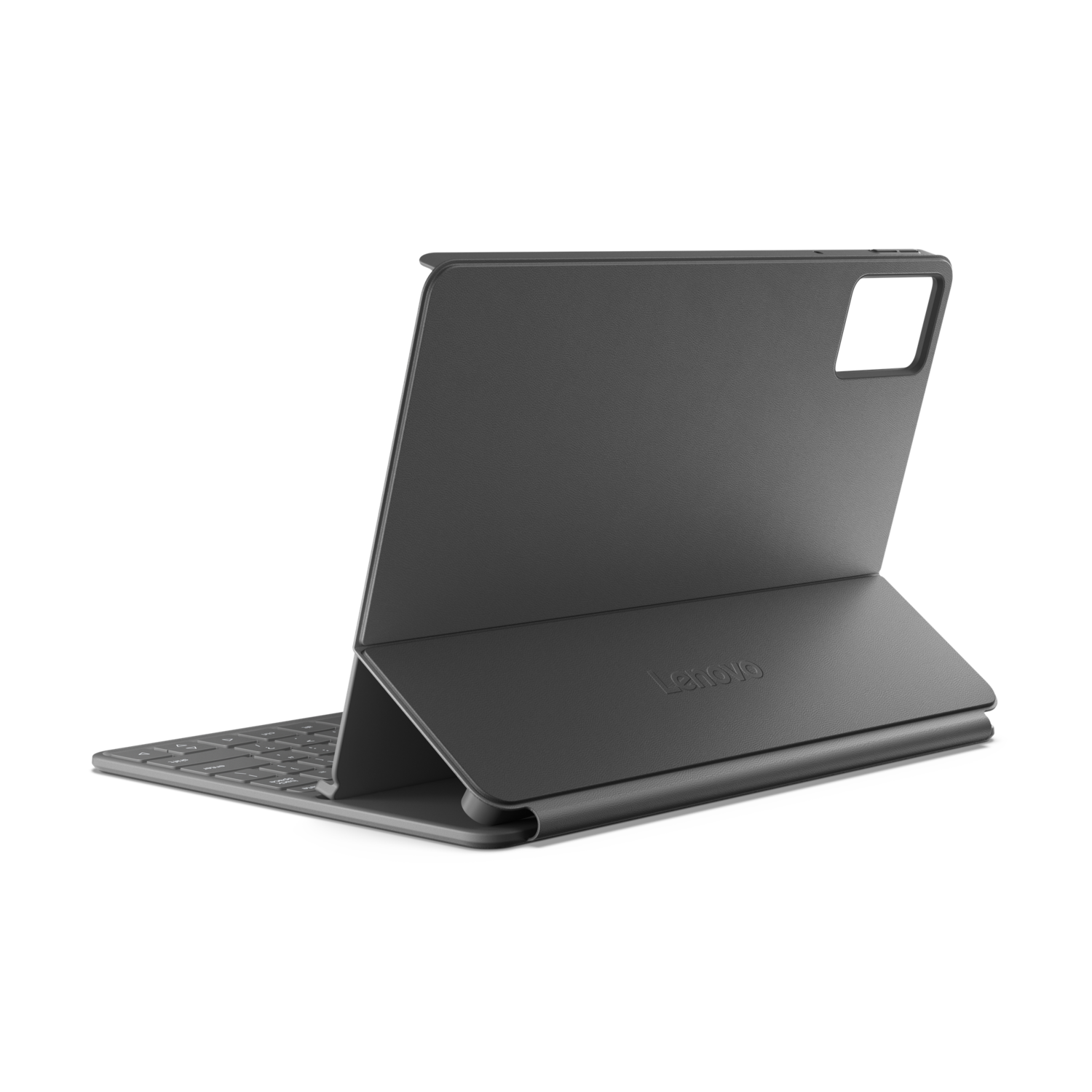 A gray Lenovo tablet with a keyboard, propped up. The Lenovo logo is visible. The background is black.