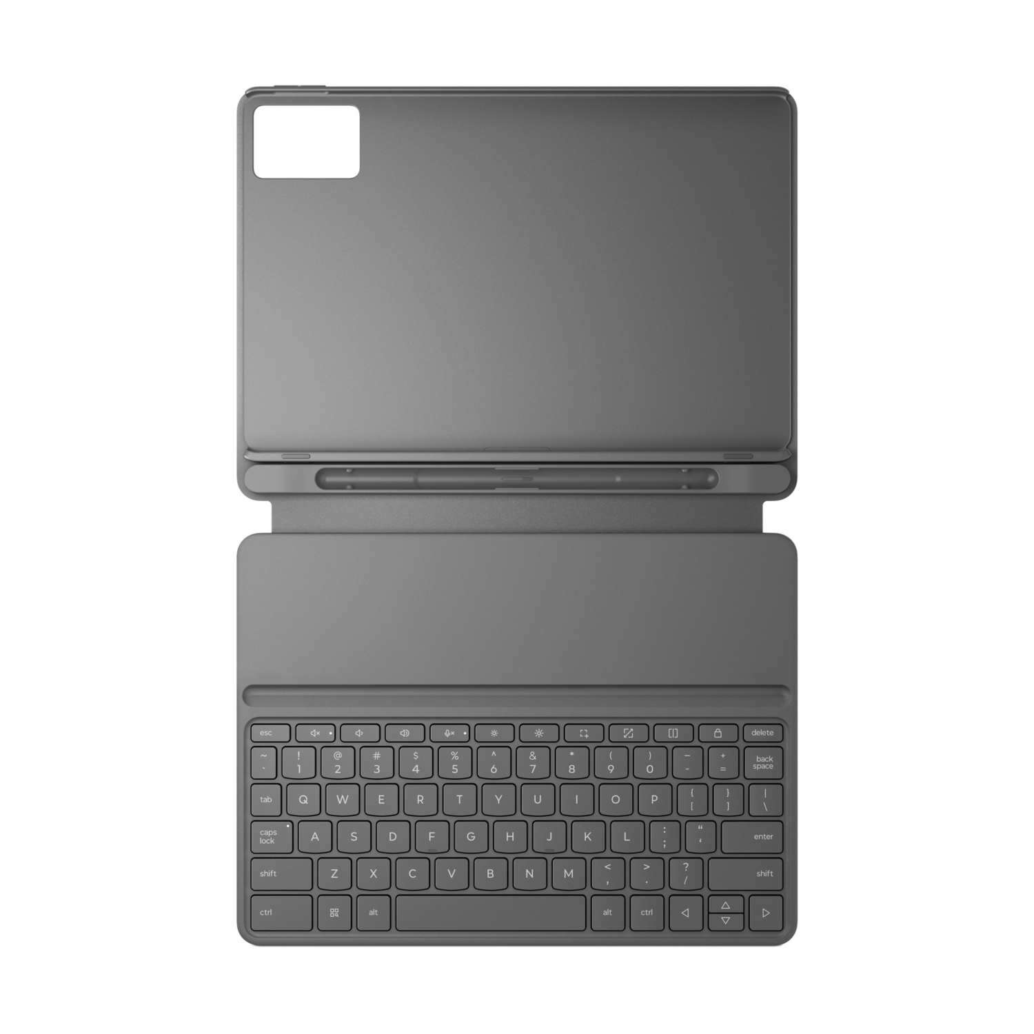Top-down view of a gray tablet with an attached keyboard. The tablet has a camera cutout and a stylus slot. The keyboard is visible.