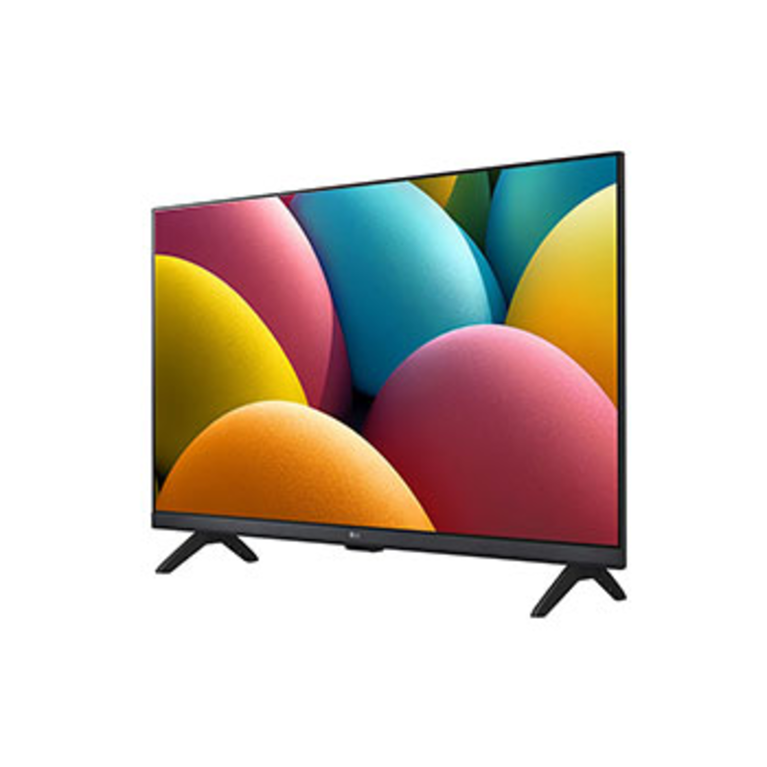 A flat-screen TV displays colorful abstract shapes. The TV is black and sits on two black feet. Background is plain white.