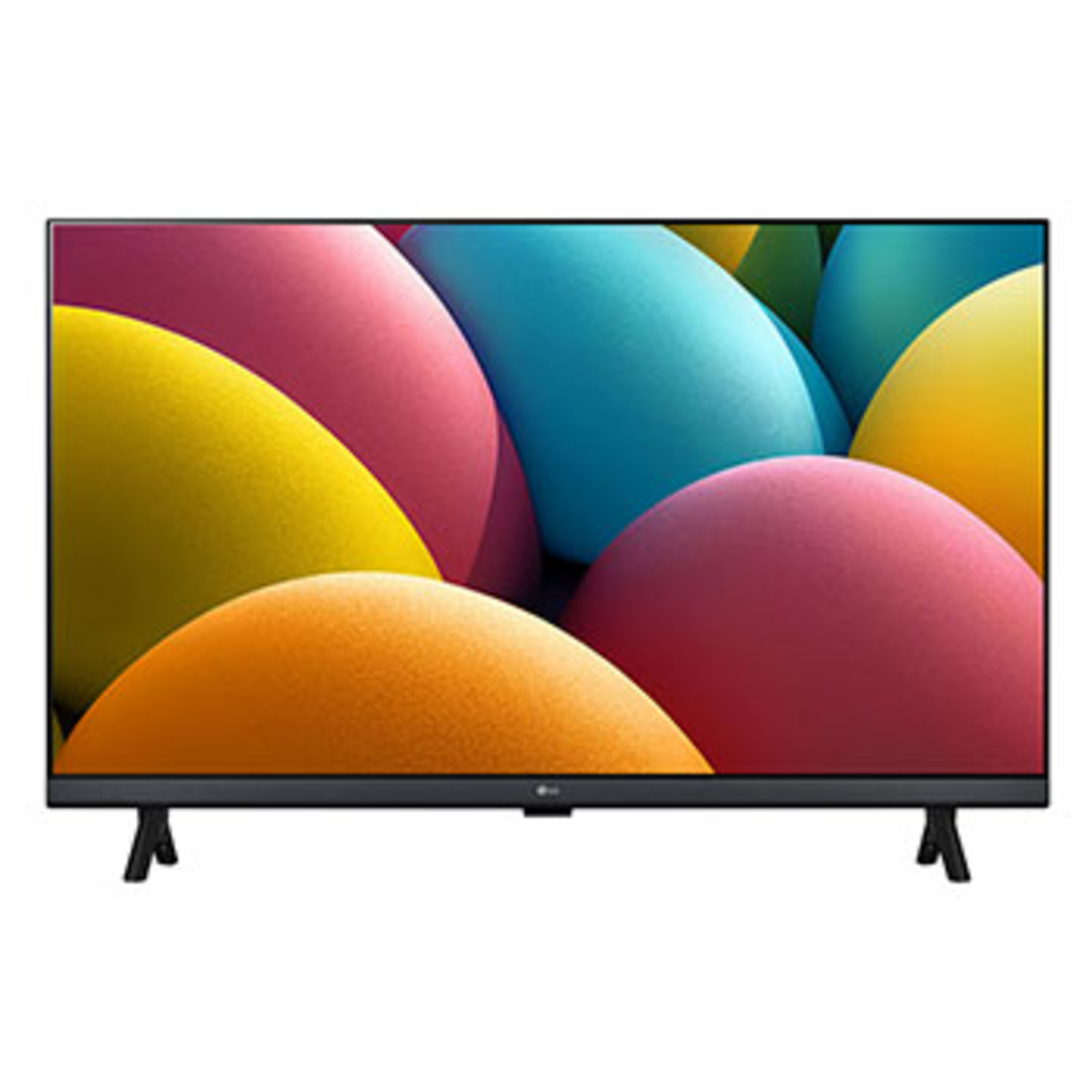 A flat-screen TV displays a colorful abstract background with large shapes in yellow, orange, pink, blue, and green.