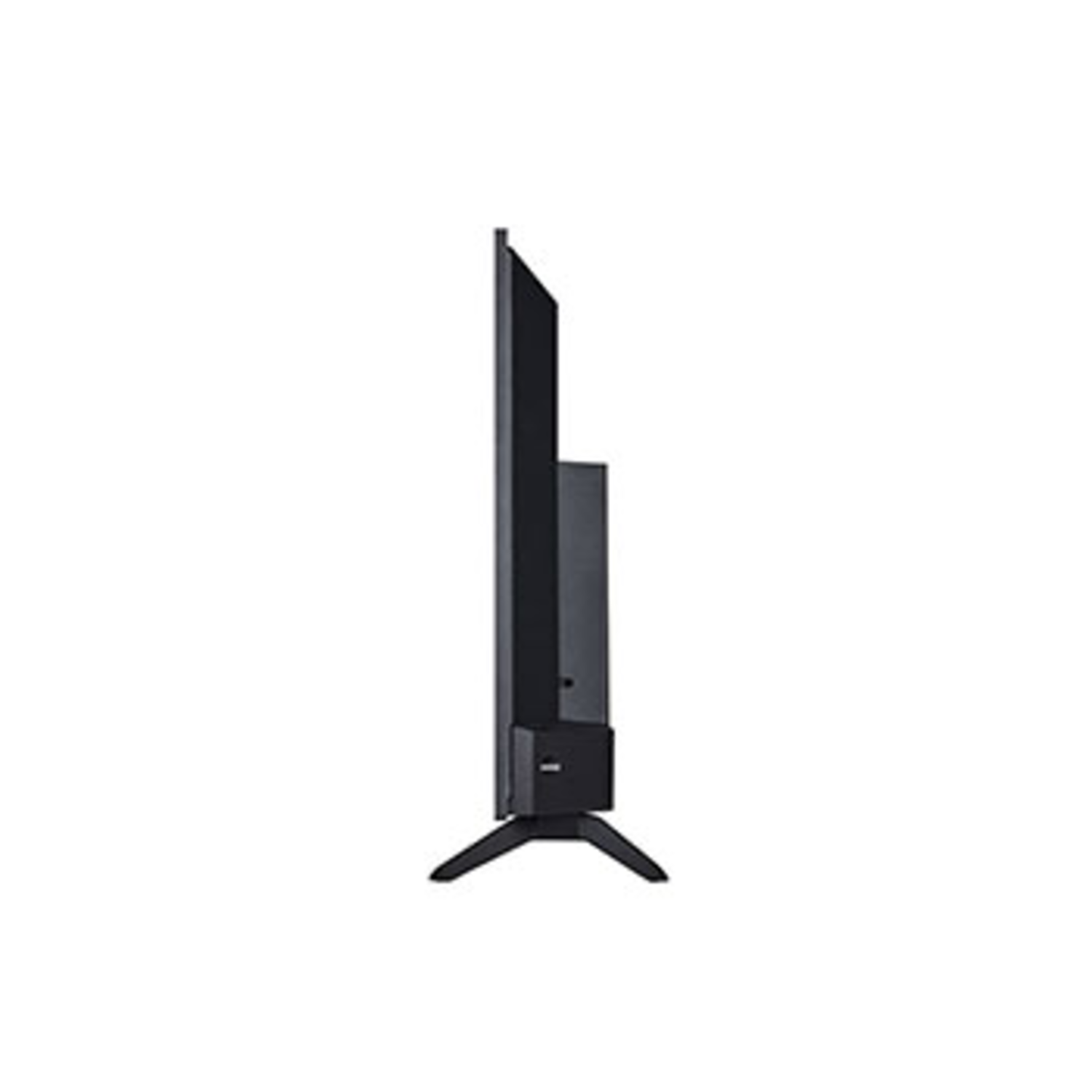 A side view of a black TV. The screen is thin, and it is supported by two legs. The background is white.