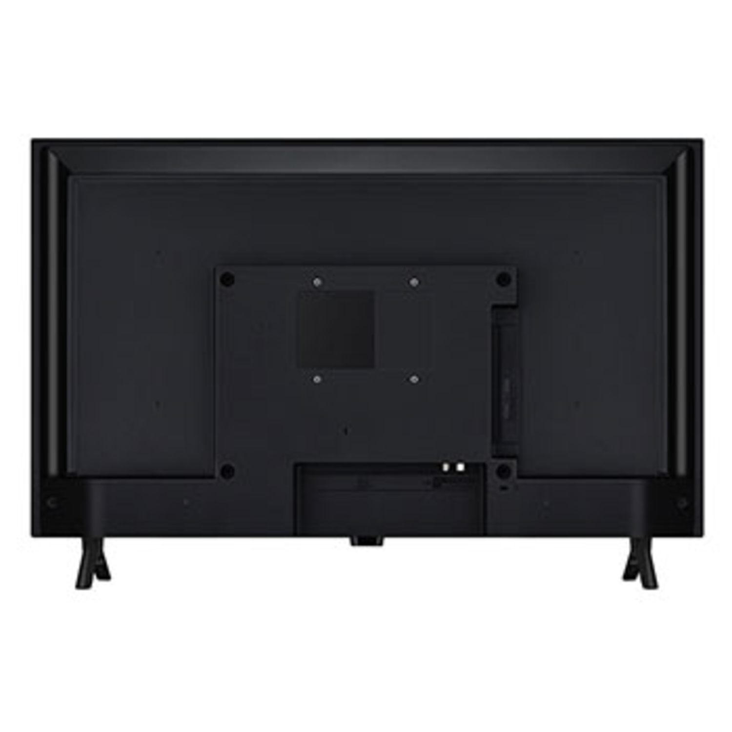Rear view of a black flat-screen TV. It has a bracket for wall mounting and two legs. The back panel has various ports.