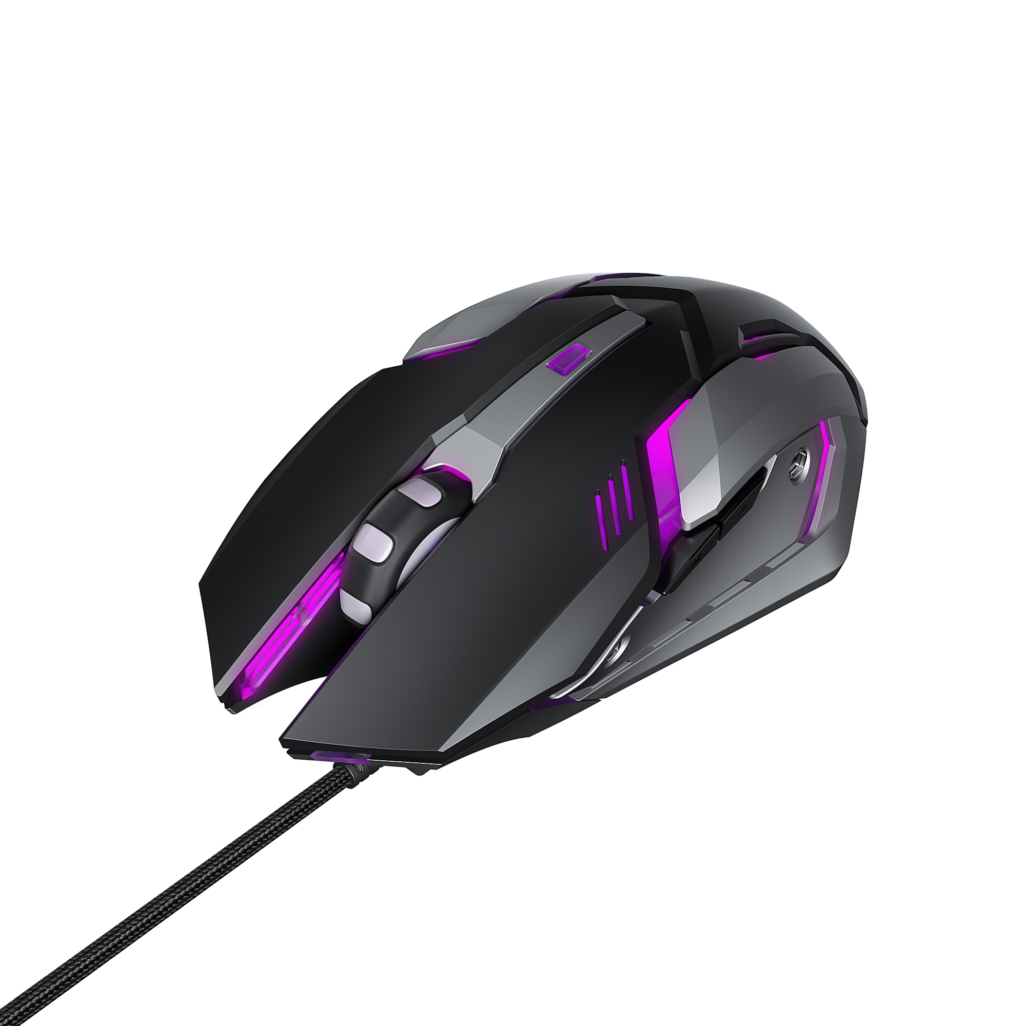 Czarno-szara mysz gamingowa z fioletowymi akcentami, podświetlanymi krawędziami i plecionym kablem.