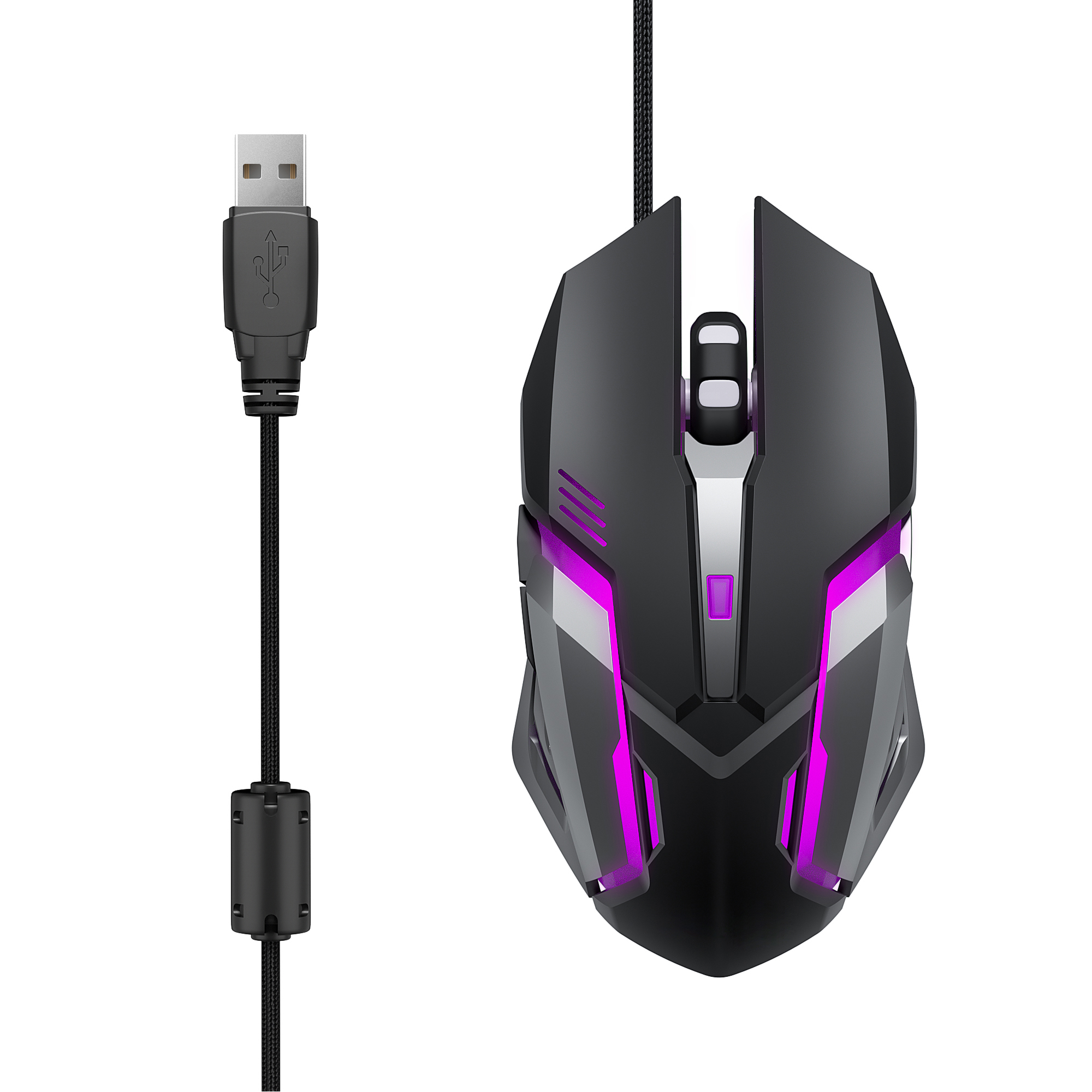 Czarna mysz do gier z złączem USB i kablem. Posiada fioletowe światła LED. Izolowana na białym tle.