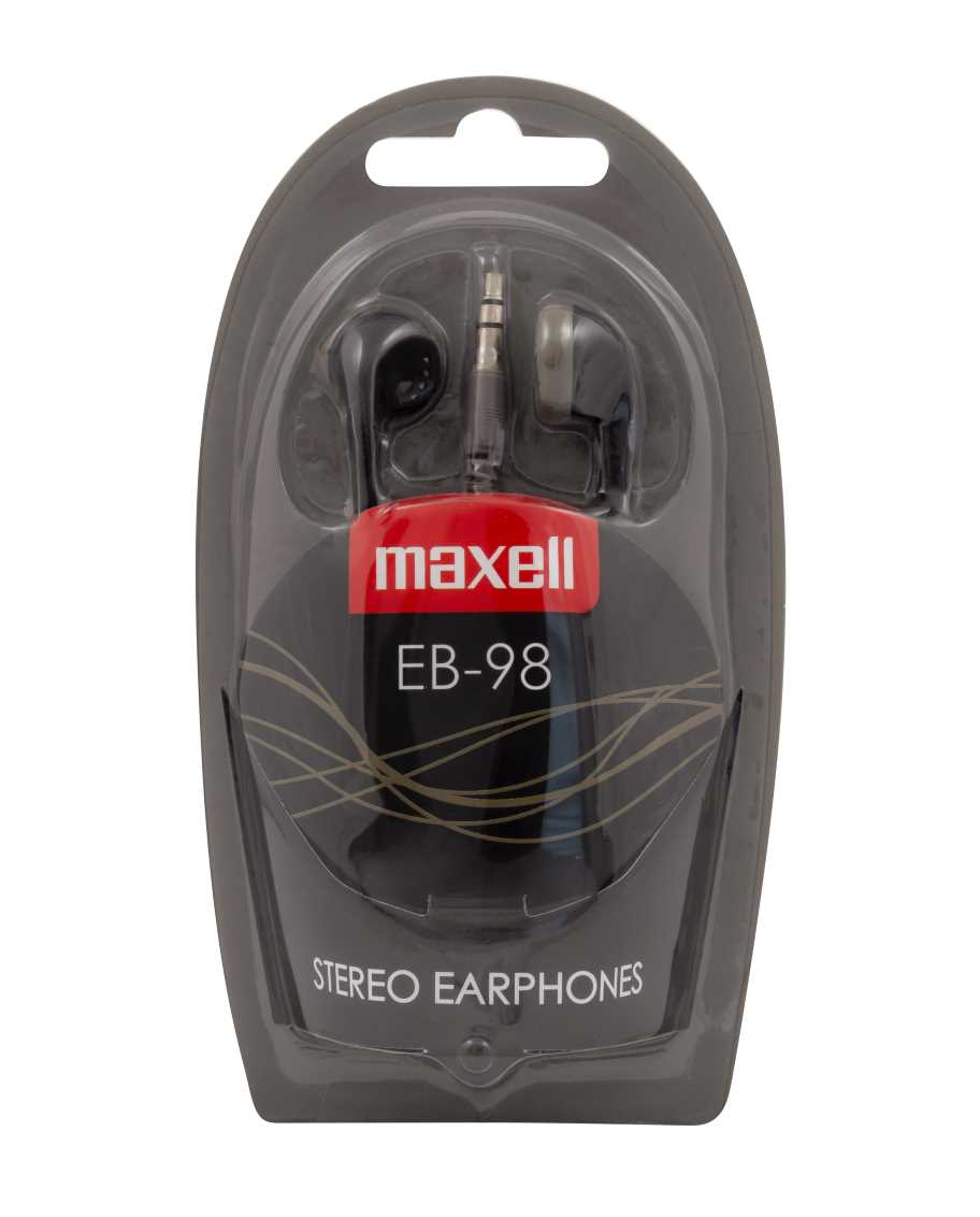 Maxell EB-98 sztereó fülhallgató szürke buborékcsomagolásban. Fekete fülhallgatók, piros-fehér címke a márkanévvel.