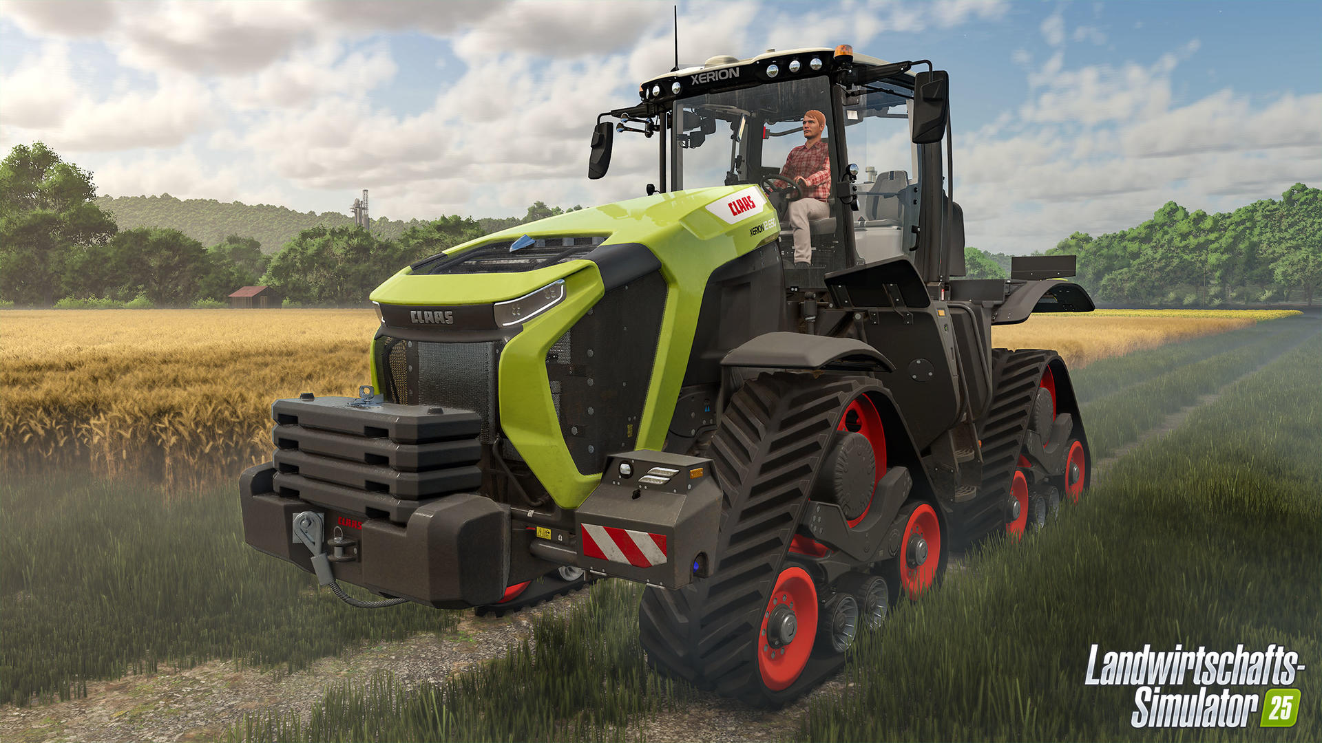 Ein Claas Xerion Traktor steht auf einem Feld. Der Traktor ist grün und schwarz. Ein Mann fährt ihn. Weizenfeld im Hintergrund.
