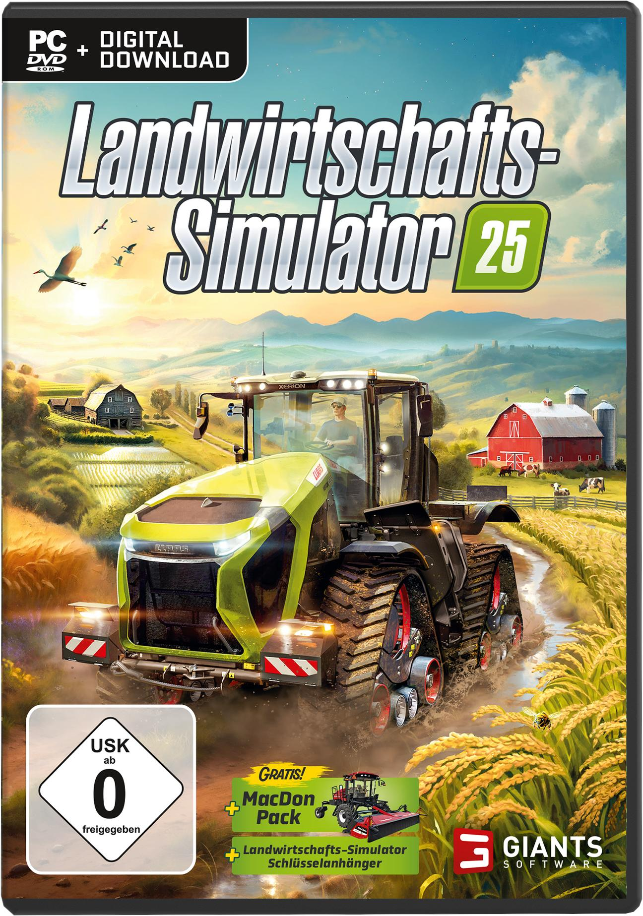 Spielcover: Ein grüner Traktor auf einem Feld, Titel "Landwirtschafts-Simulator 25". Eine rote Scheune und Kühe im Hintergrund.