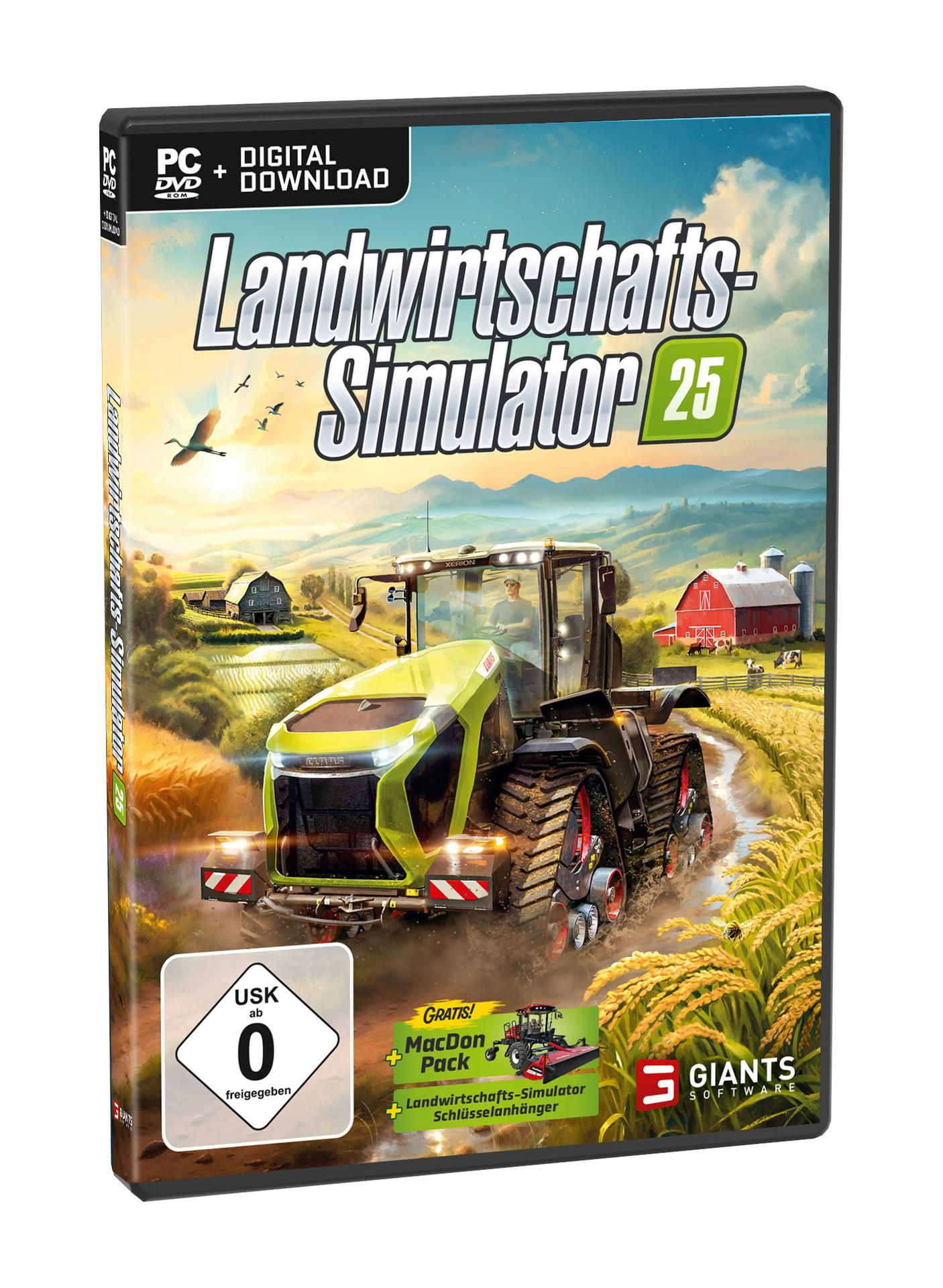 Spielbox-Art. Ein Traktor fährt durch ein Feld. Im Hintergrund befinden sich Ackerland und Scheunen. Der Spieletitel lautet 'Landwirtschafts-Simulator 25'.