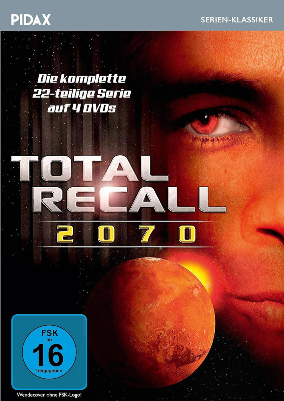 DVD-Cover für Total Recall 2070. Mit menschlichem Gesicht, Mars und Text. Das FSK-Logo zeigt, dass es für Personen ab 16 Jahren geeignet ist.