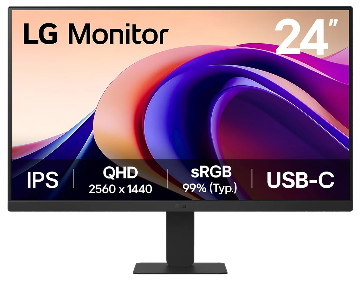 24-calowy monitor LG z czarną ramką, z IPS, QHD, sRGB i USB-C. Wyświetlacz pokazuje abstrakcyjne kształty w kolorze pomarańczowym, fioletowym i niebieskim.