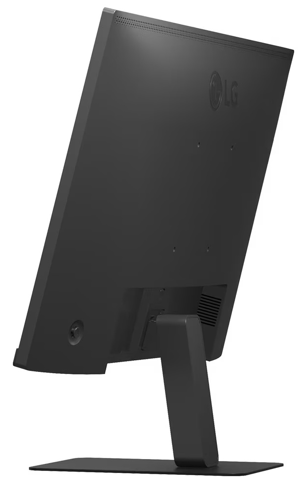 Czarny monitor komputera, widok z tyłu, z logo LG, na czarnym stojaku. Monitor jest lekko pochylony.