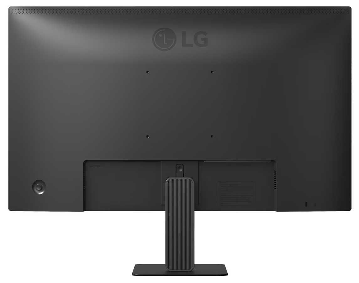 Widok z tyłu czarnego monitora LG. Ma podstawę, porty i logo LG. Monitor jest na białym tle.