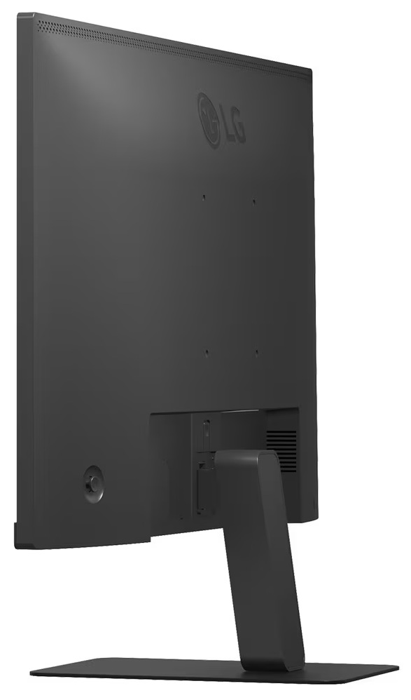 Widok z tyłu czarnego monitora LG. Monitor stoi na czarnym stojaku. Logo LG jest widoczne.