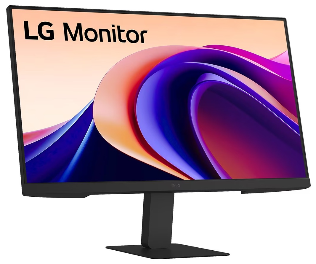 Monitor LG z czarną ramką i podstawą. Ekran wyświetla sztukę abstrakcyjną w kolorach fioletowym, pomarańczowym i niebieskim.