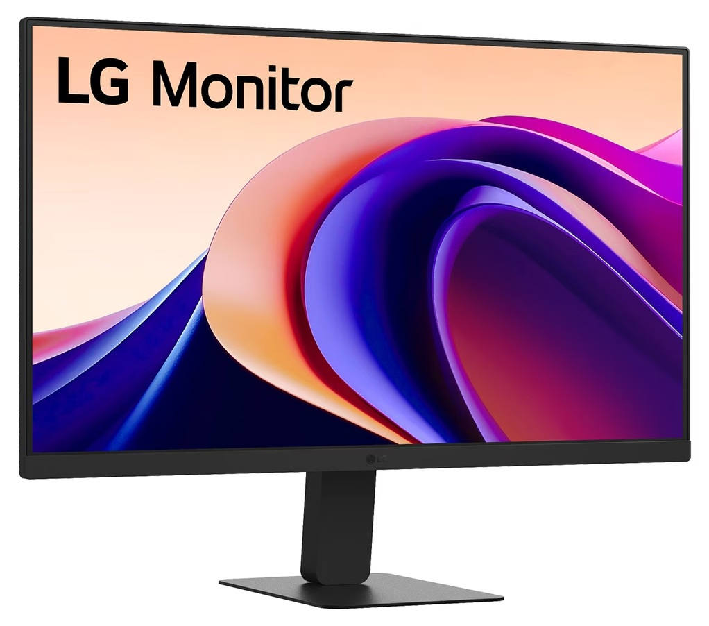Monitor LG wyświetla kolorowy, abstrakcyjny obraz. Monitor jest czarny, z czarną podstawą. Logo "LG Monitor" jest wyświetlane u góry.