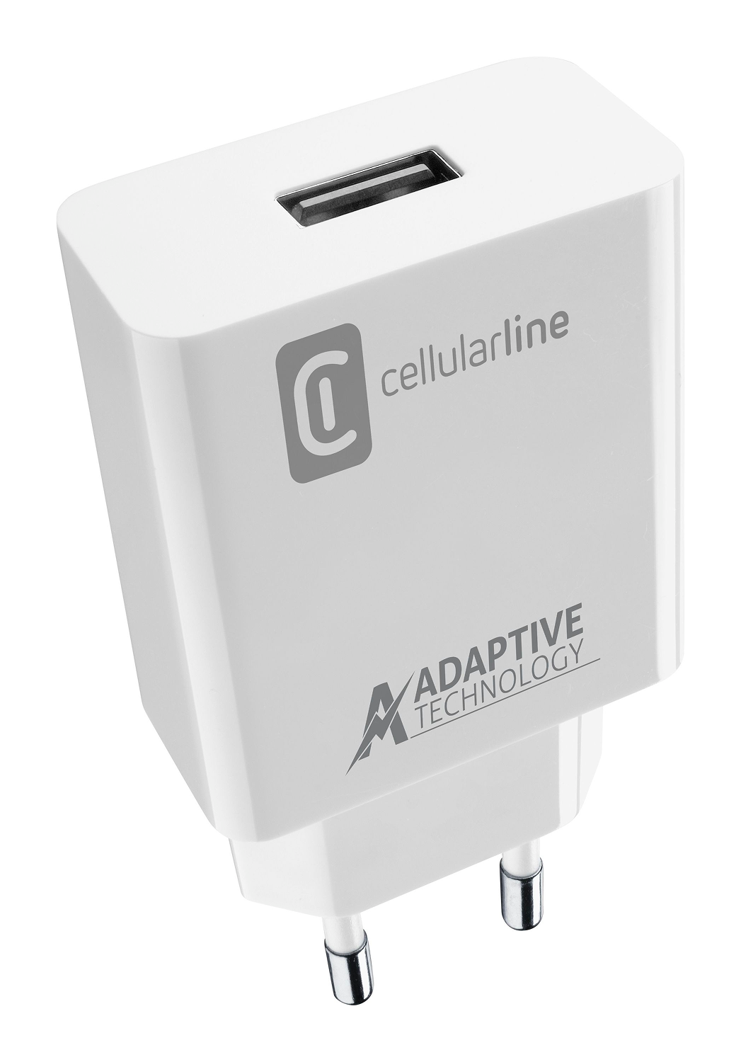 Un cargador USB celularline blanco con dos clavijas. Tiene el logotipo de la marca y 'Adaptive Technology' impreso.
