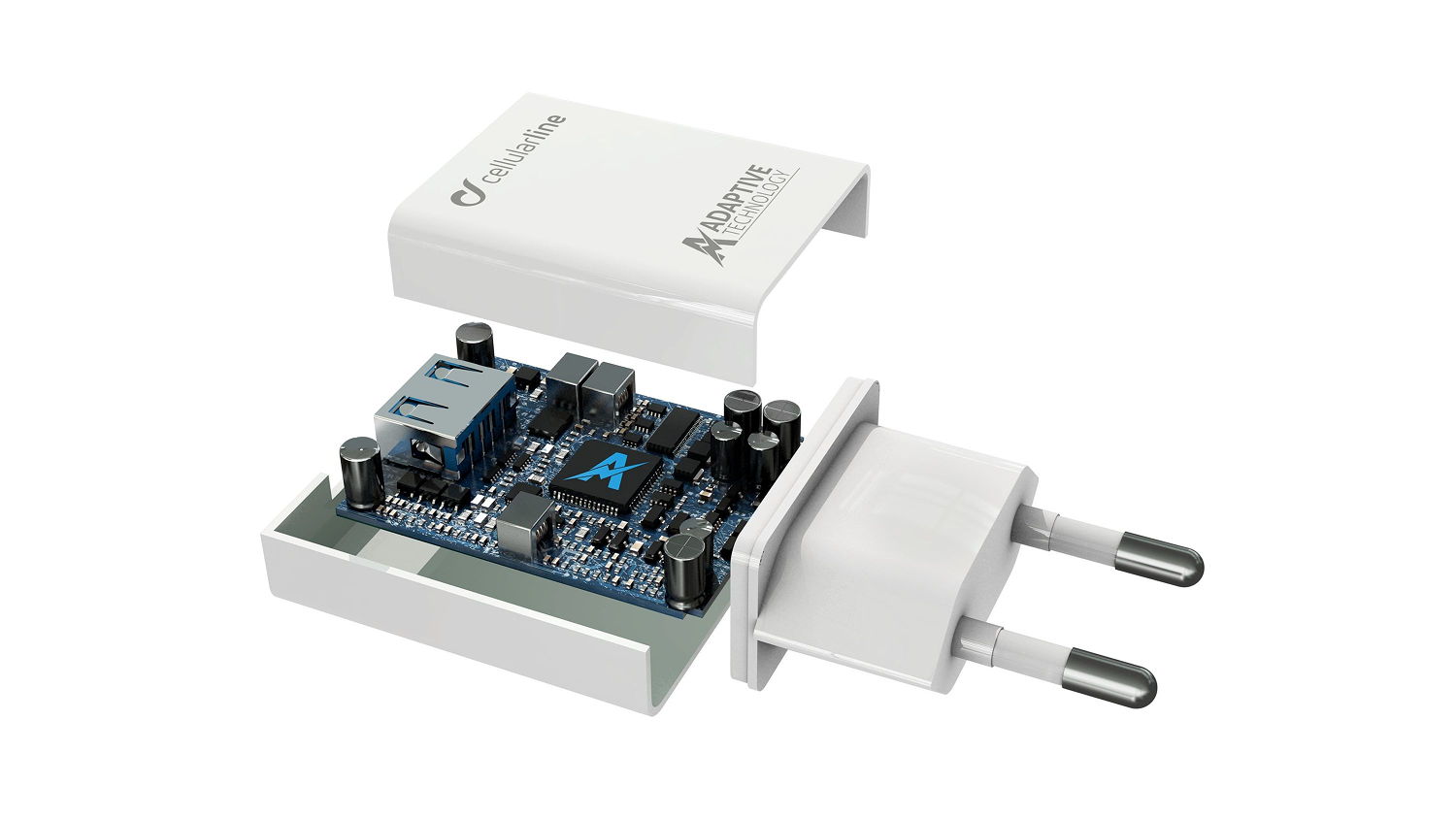Cargador blanco desmontado con componentes electrónicos. El cargador incluye un enchufe, un puerto USB y una placa de circuito con el logotipo 'A'.