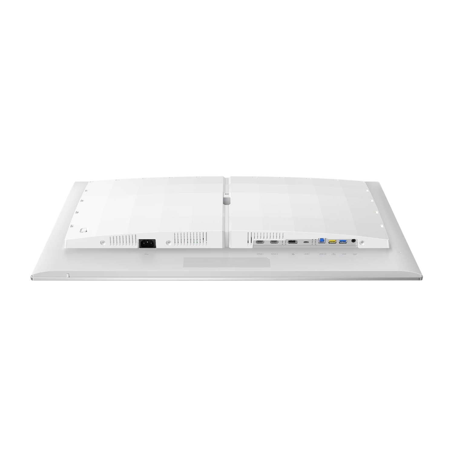Vista trasera de un monitor de computadora blanco. Puerto de alimentación, ventilación y múltiples puertos de conexión.
