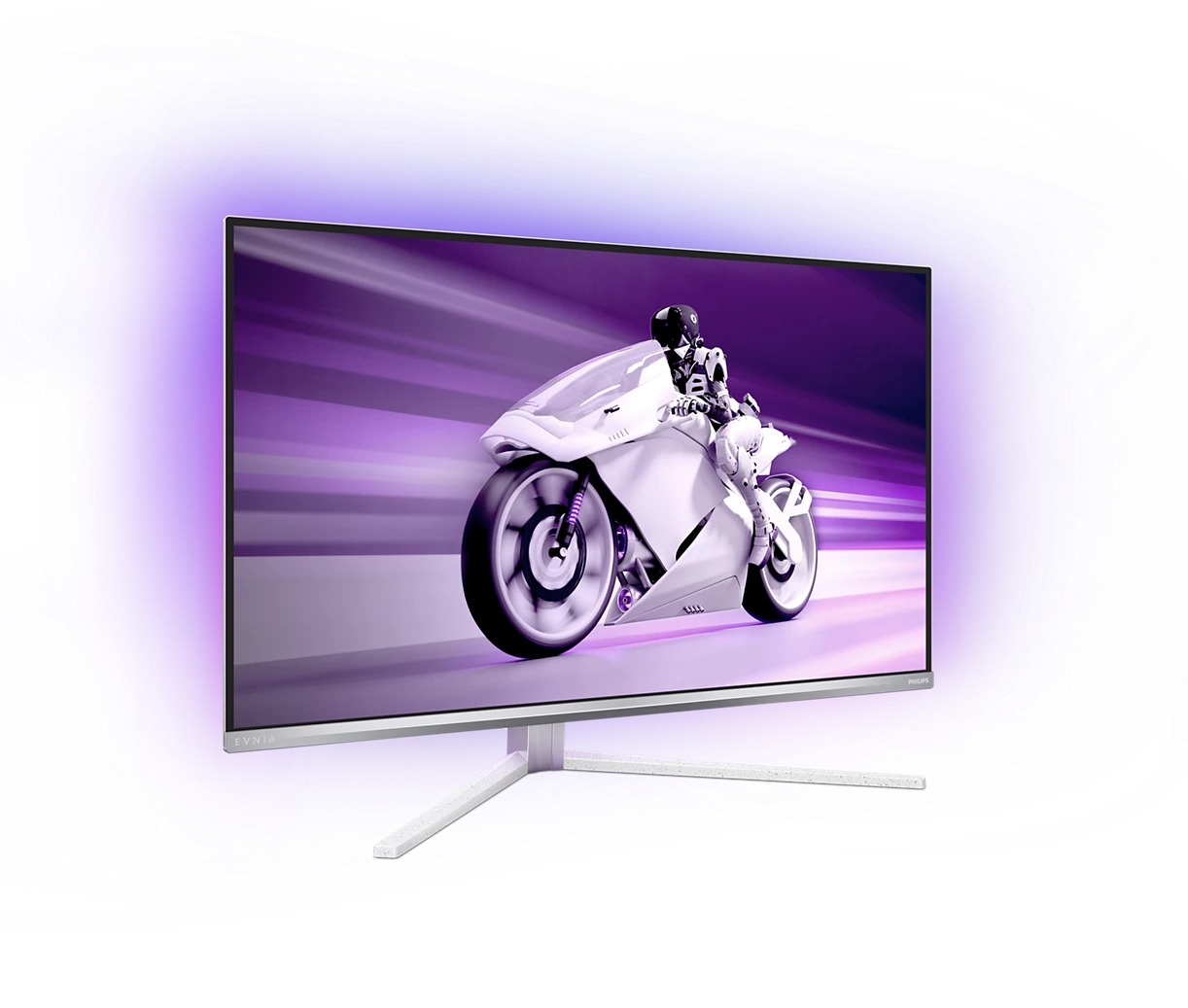 Un monitor muestra una moto futurista corriendo sobre un fondo morado. El monitor es blanco con retroiluminación púrpura.