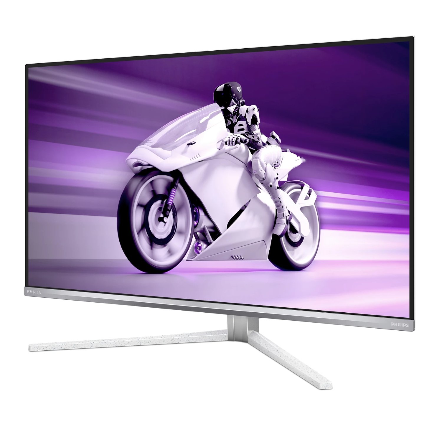 Un monitor de computadora muestra una motocicleta futurista blanca con un piloto contra un fondo púrpura. El monitor tiene un soporte plateado.