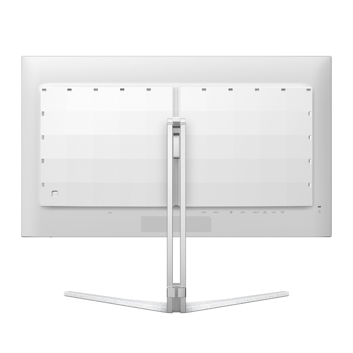 Vista trasera de un monitor de computadora blanco con soporte. Tiene múltiples puertos y un diseño limpio y minimalista.