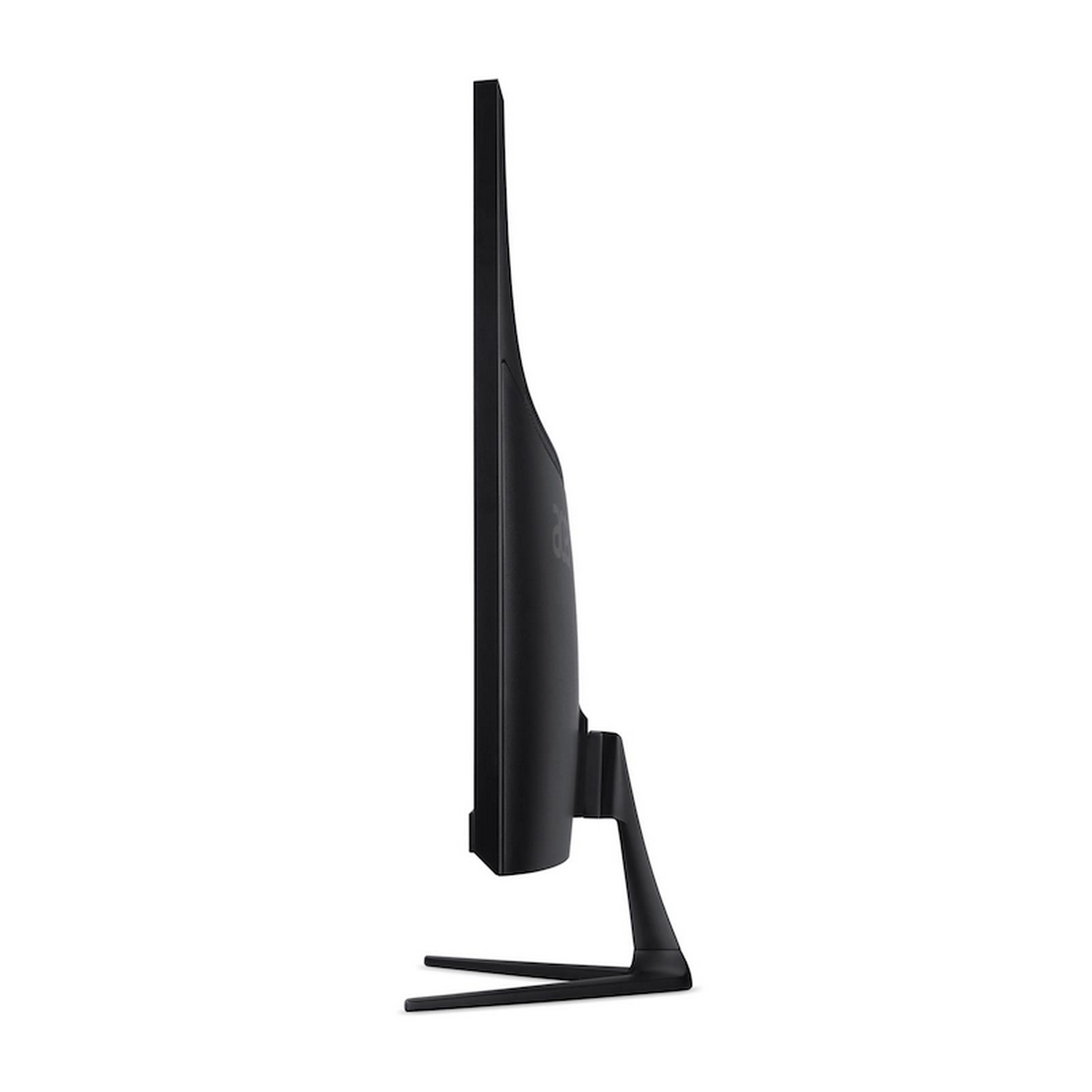 Un monitor de computadora negro se ve de lado. Tiene una pantalla curva y un soporte con dos patas.