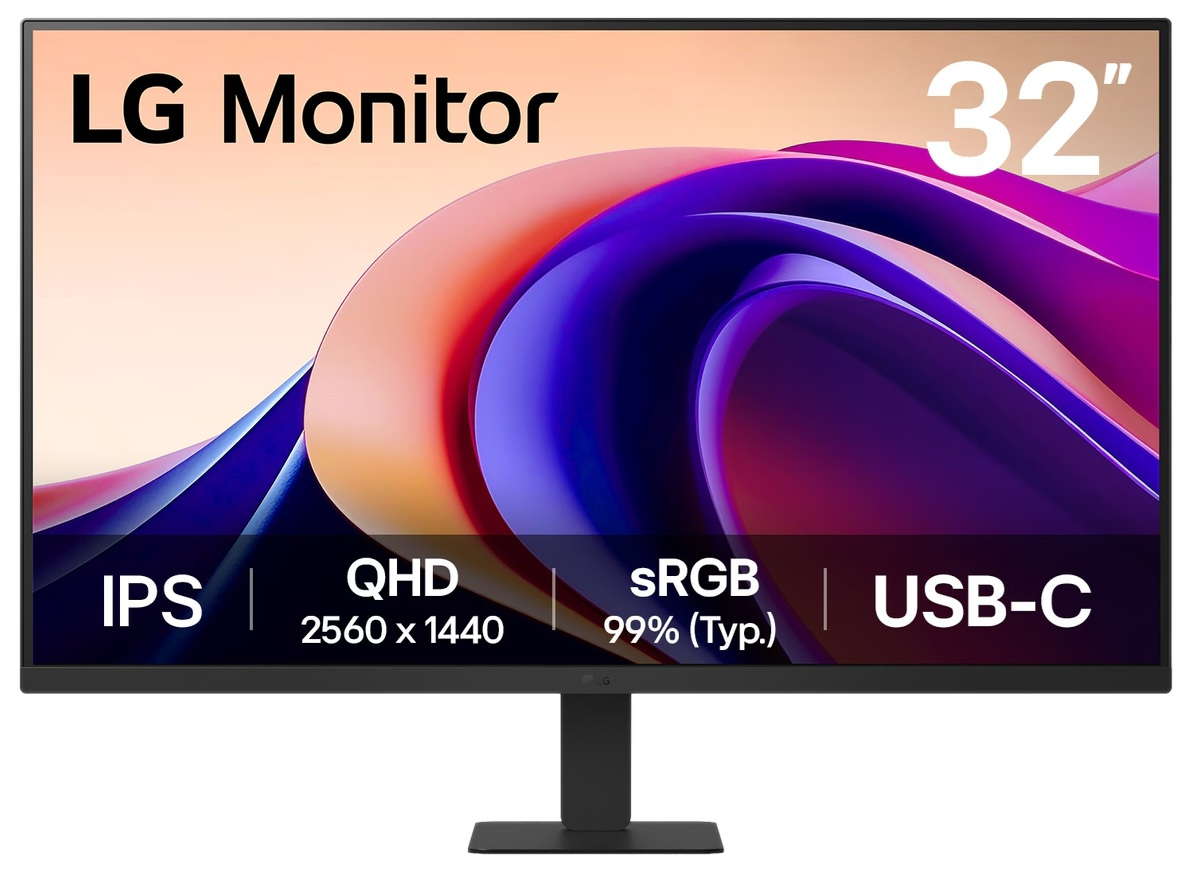 Monitor LG 32". Zawiera IPS, QHD 2560x1440, sRGB 99% i USB-C. Ekran wyświetla kolorowy abstrakcyjny wzór.