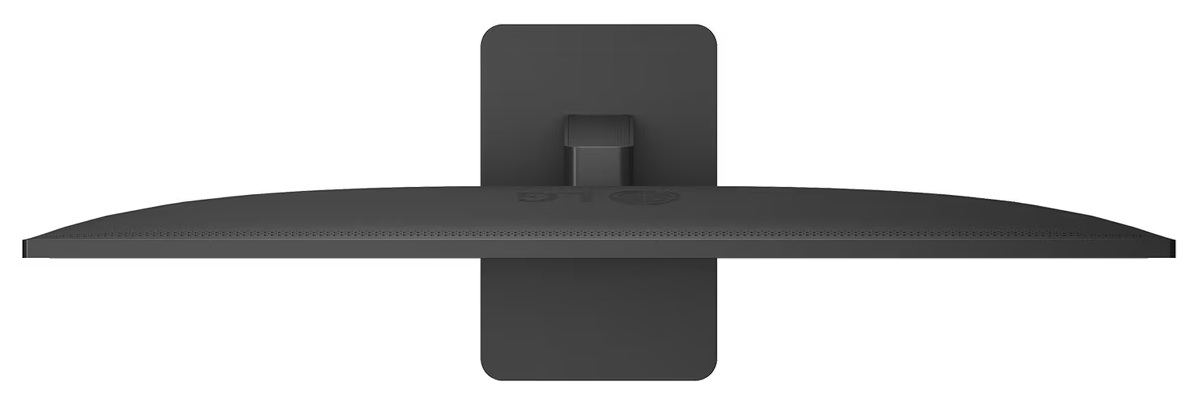 Widok z góry na zakrzywiony czarny monitor LG. Stojak jest przymocowany do tyłu.