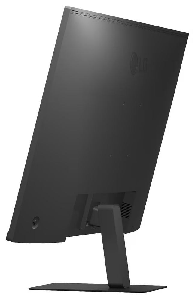 Widok z tyłu czarnego monitora LG. Ekran jest pod kątem. Stojak podtrzymuje ekran, widoczne jest logo LG.